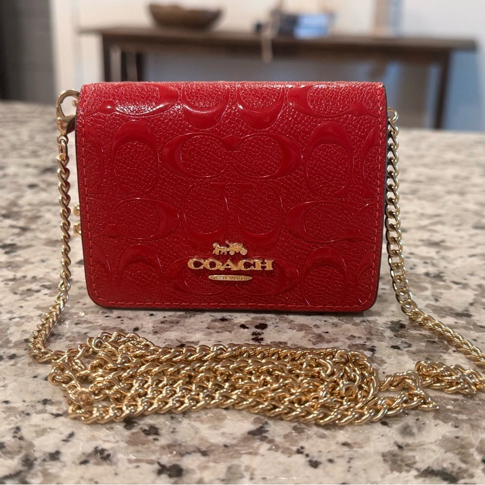 Coach Red Crossbody mini signature wallet with Gold Chain